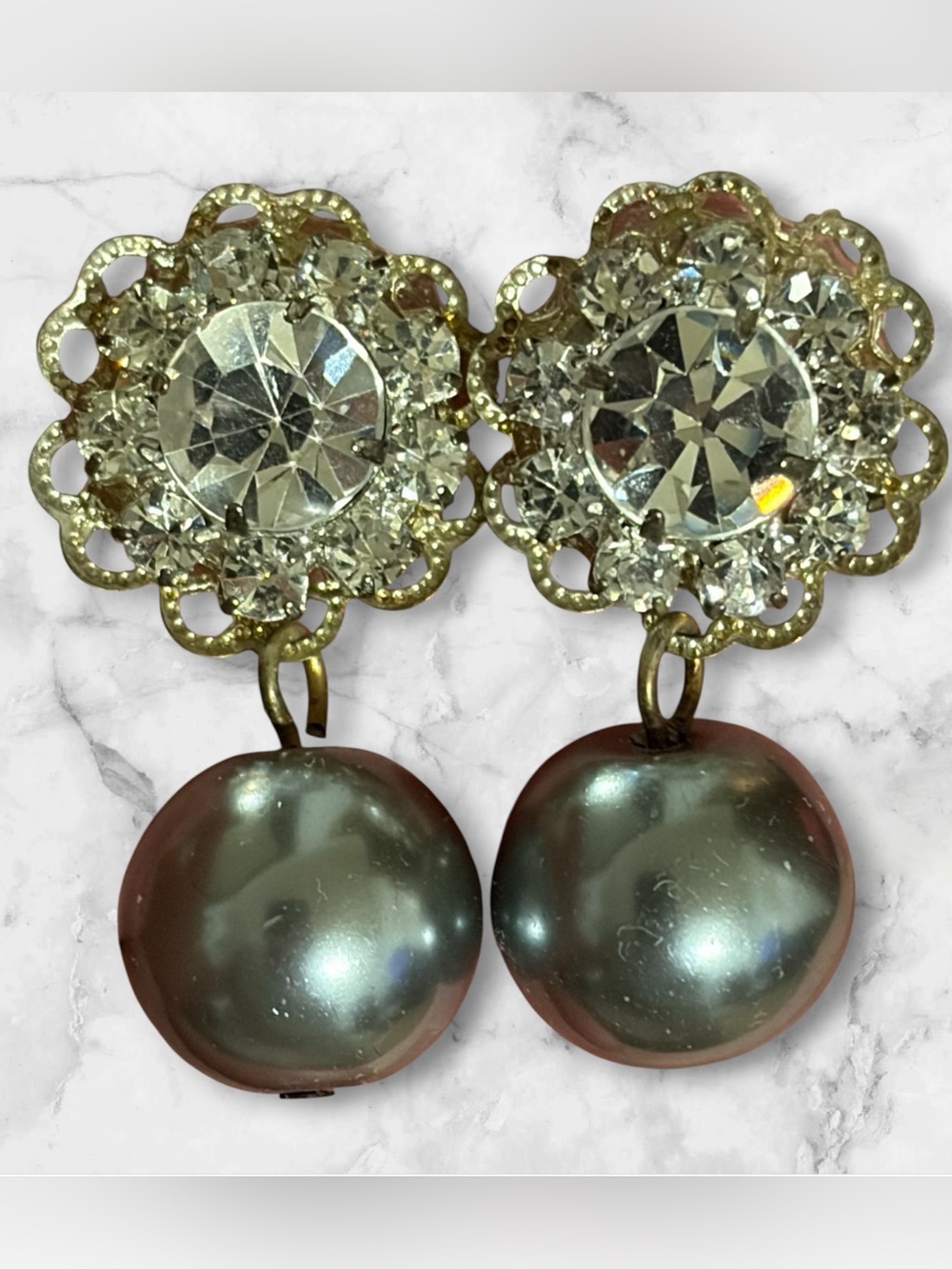 Gold-Tone Crystal and Gray Pearl Drop Earrings